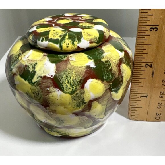 Ceramic Ginger Jar Fossil Craft Lidded Mottled Yellow Green Art Pottery Urn 3" - Picture 5 of 5